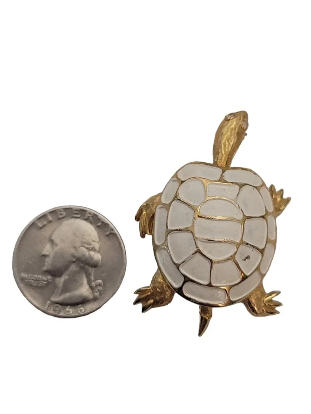 Vintage Gold Tone White Enamel Clear Rhinestone Turtle Brooch Pin E896